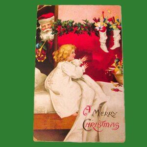 Antique December 8 of 1908 A Merry Christmas postcard of Santa surprising & toys